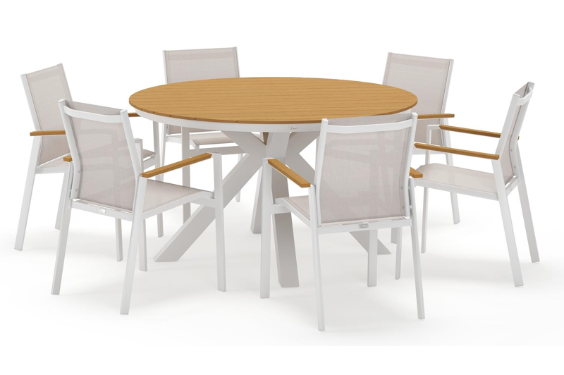 Tora tuinset rond in wit aluminium en polywood met 6 Bahia tuinstoelen
