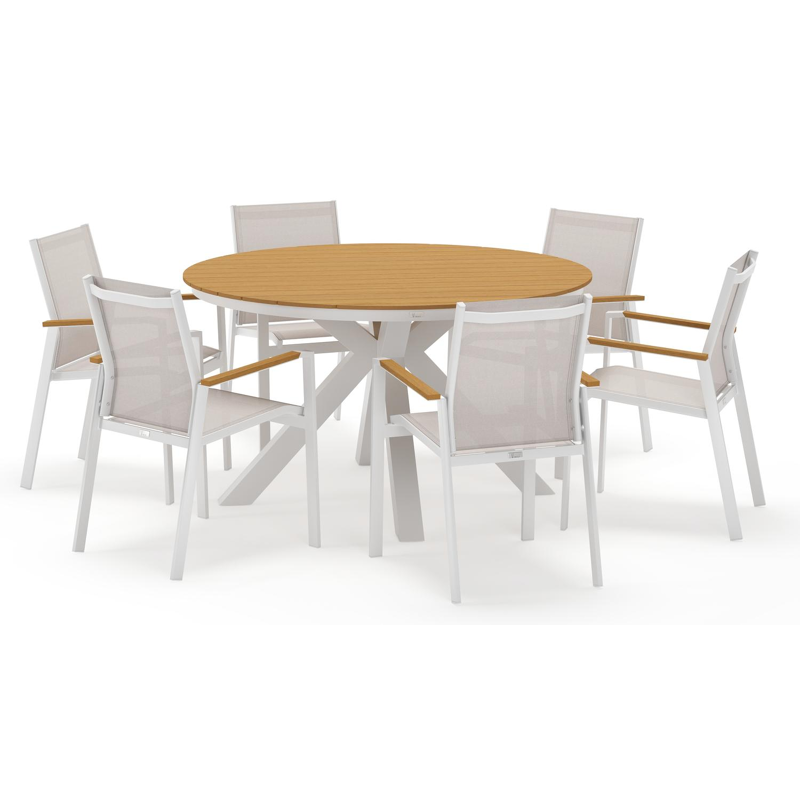 Tora tuinset rond in wit aluminium en polywood met 6 Bahia tuinstoelen