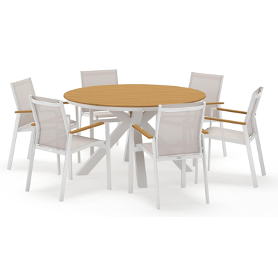 Tora tuinset rond in wit aluminium en polywood met 6 Bahia tuinstoelen