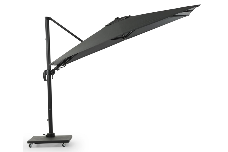 Avola zweefparasol met tiltfunctie in zwart aluminium met grijs sunbrella® premium parasoldoek - L1 200 x L2 300 cm (met voet)