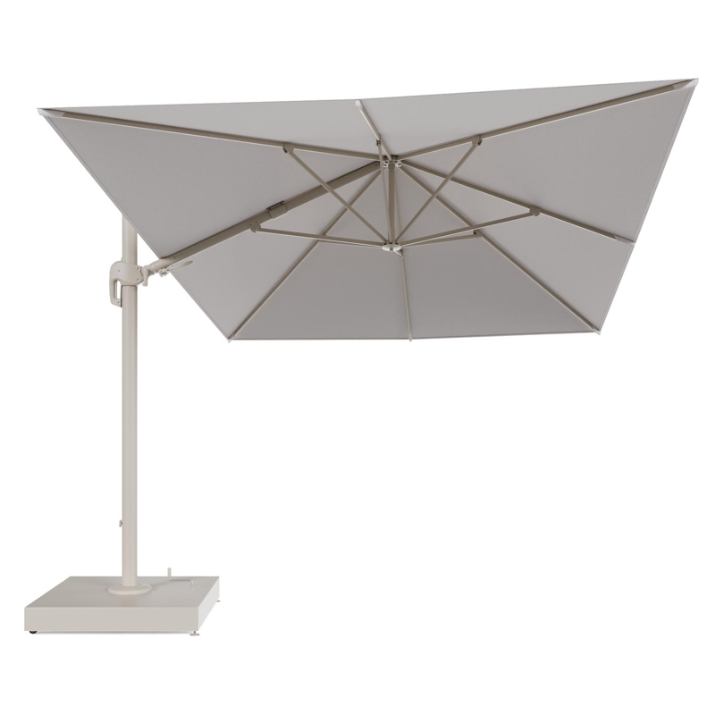 Rufina zweefparasol met tiltfunctie in beige aluminium en Ego Eggshell All Weather Solica parasoldoek - L1 400 x L2 300 cm met parasolvoet Minore 260 kg met wielen