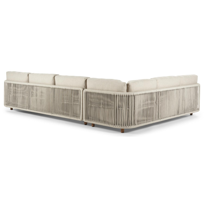 Organo loungehoek in teak en beige verticaal geweven luxe vlakke rope met althea chalk All Weather Cosytica kussens