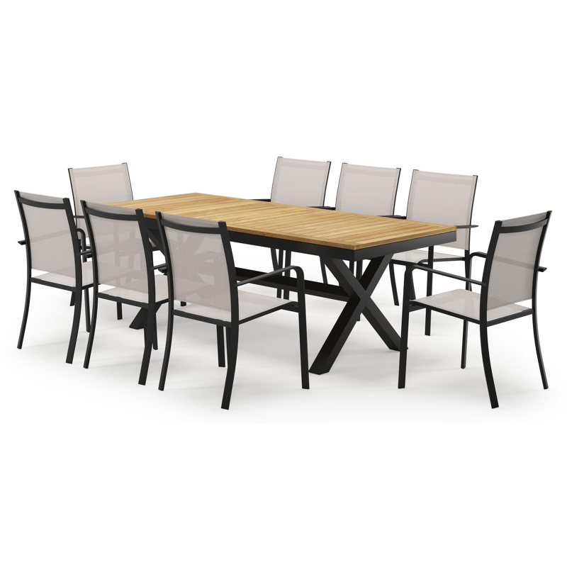 Reza rechthoekige tuinset in zwart aluminium en teak natural finish met 8 Calobra tuinstoelen