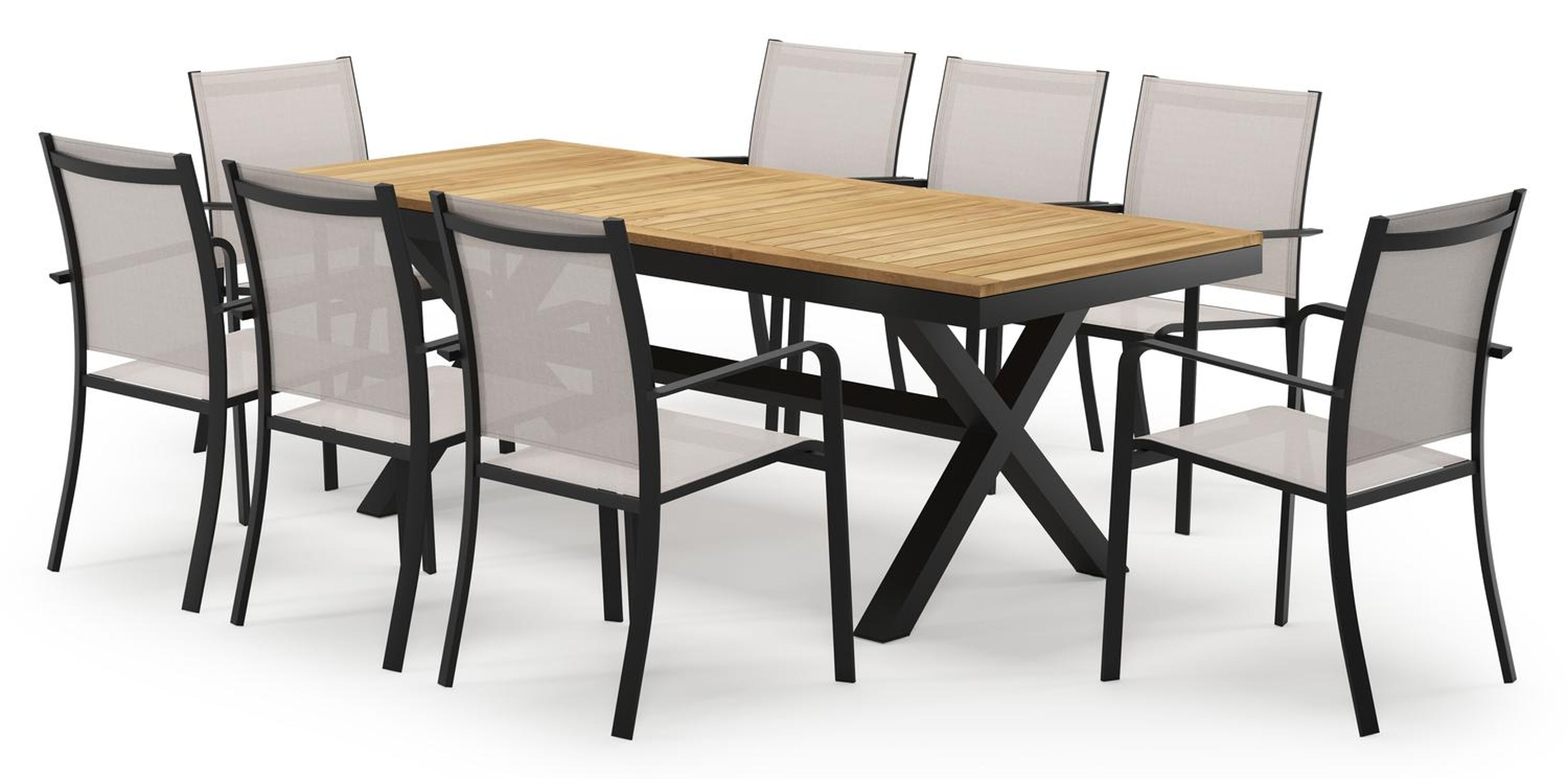Reza rechthoekige tuinset in zwart aluminium en teak natural finish met 8 Calobra tuinstoelen