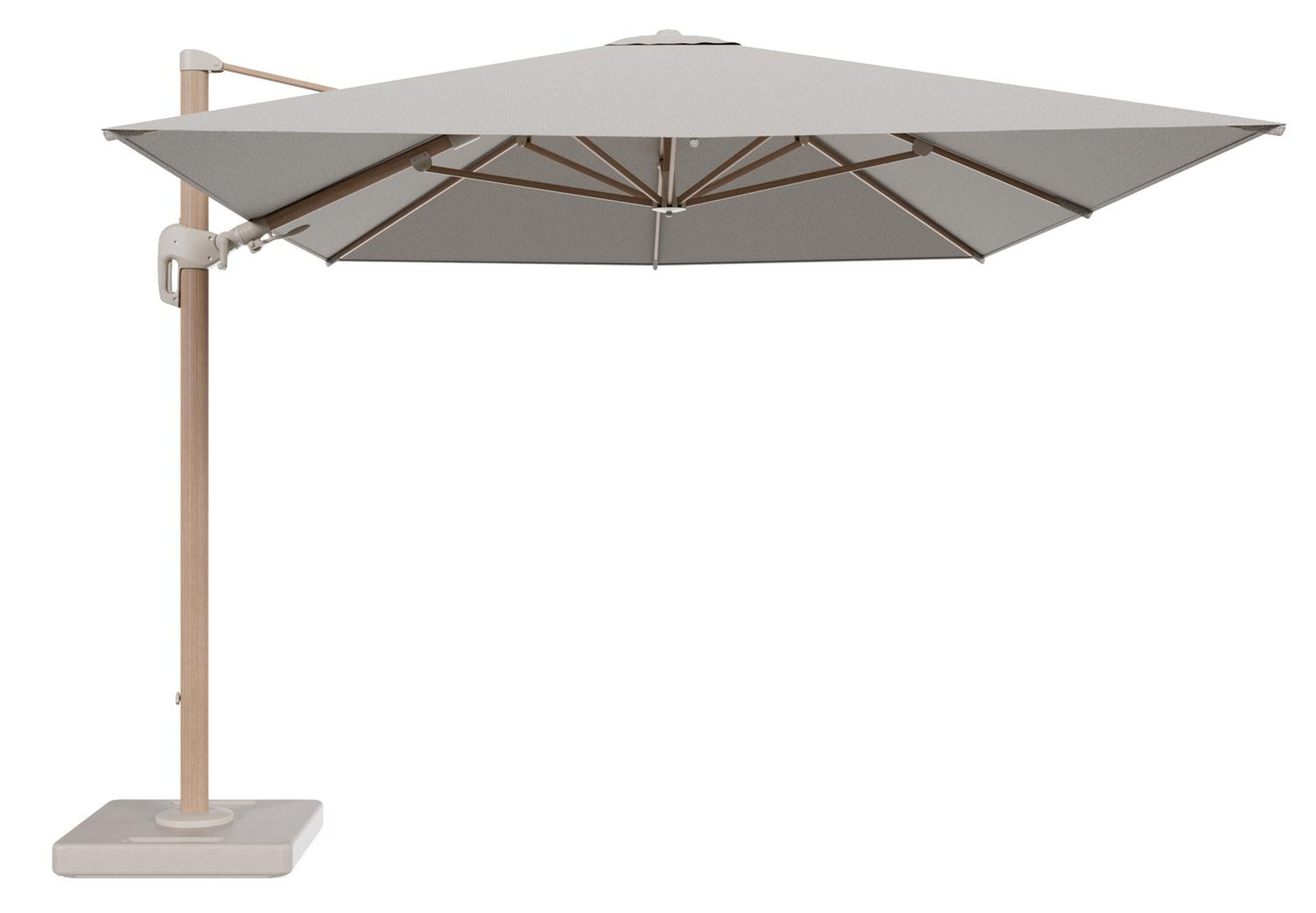 Rufina zweefparasol tiltfunctie in houtlook aluminium en parasoldoek in All Weather Solica Firenze Sand - L1 400 x L2 300 cm met parasolvoet Lapido 160 kg