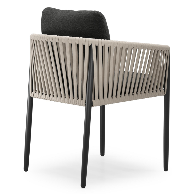 Organo tuinstoel in zwart aluminium en beige verticaal geweven luxe vlakke rope met kussen in chartres sooty all weather sunbrella® luxe
