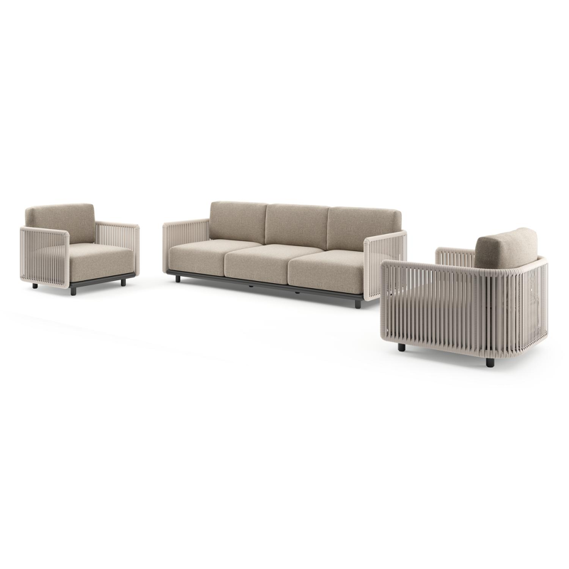 Organo loungeset in zwart aluminium en beige verticaal geweven luxe vlakke rope met chartres pewter all weather Sunbrella® luxe kussen