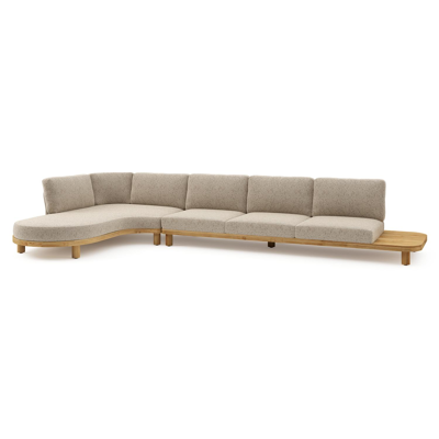Donato loungehoek in teak en beige verticaal geweven ronde rope met all weather cosytica Bora Jungle kussen