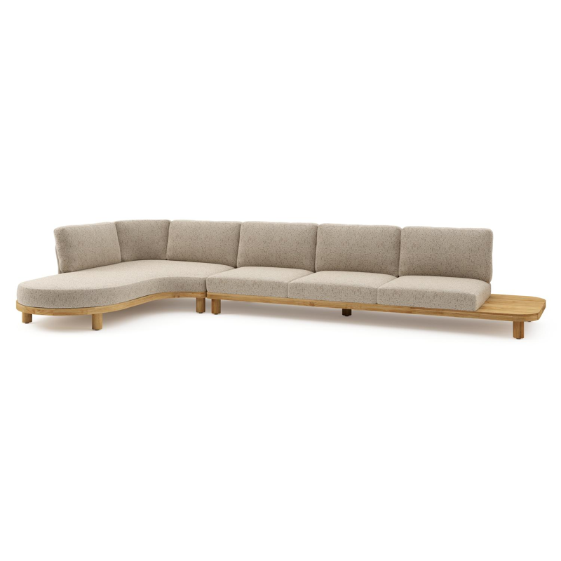 Donato loungehoek in teak en beige verticaal geweven ronde rope met all weather cosytica Bora Jungle kussen