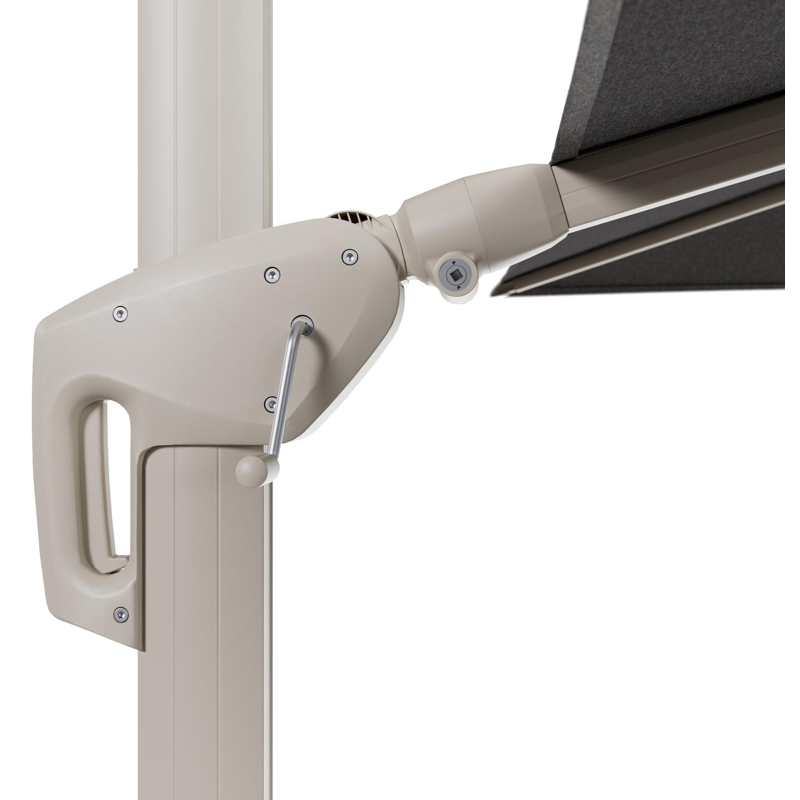 Minore zweefparasol met tiltfunctie in beige aluminium en Chartres Drizzle All Weather Sunbrella® Luxe parasoldoek - L1: 280 x L2: 370 cm met parasolvoet Minore 260 kg met wielen