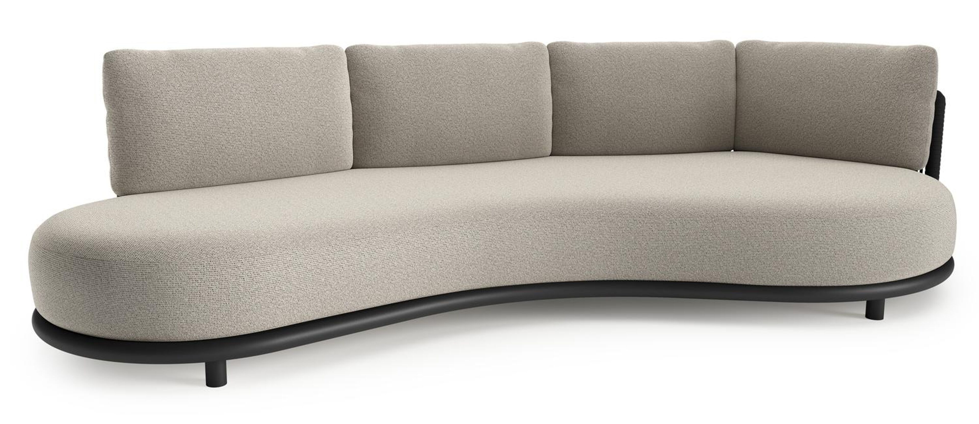 Lomano loungebank in zwart aluminium en zwart verticaal geweven luxe vlakke rope met firenze sand all weather solica kussen