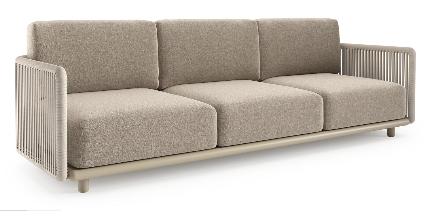 Organo loungebank in beige aluminium en beige verticaal geweven luxe vlakke rope met chartres pewter all weather Sunbrella® luxe kussen