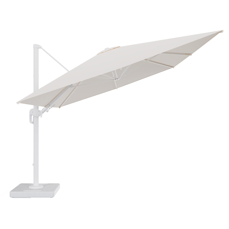 Rufina zweefparasol tiltfunctie in wit aluminium en parasoldoek in All Weather Sunbrella® Luxe Natte Linen Chalk - L1 400 x L2 300 cm met parasolvoet Lapido 160 kg