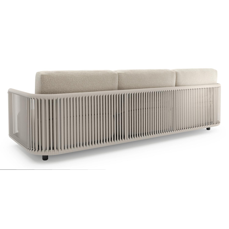 Canapé de jardin Organo en aluminium noir et corde luxe plate tissée verticalement beige et coussin en all weather Cosytica marbella ecru