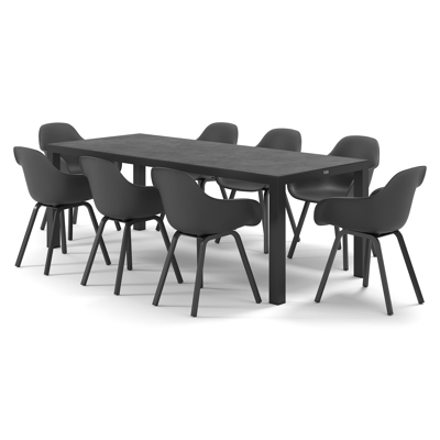 Varese tuinset in zwart aluminium en grijs volkeramiek tafelblad met 8 Puglia tuinstoelen