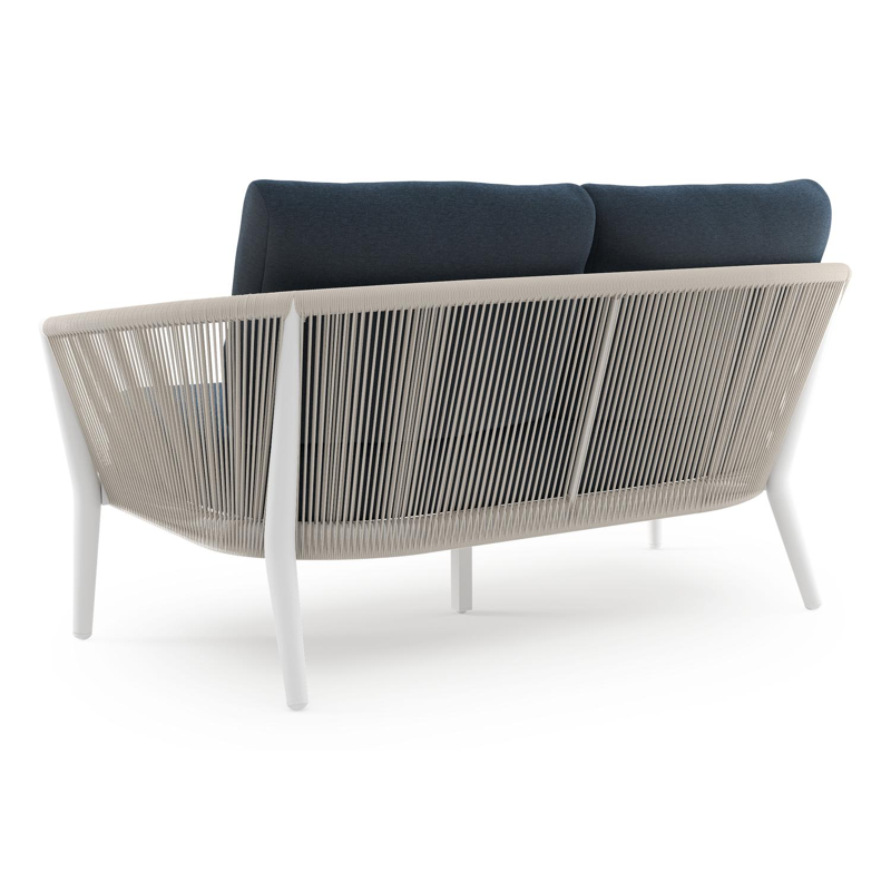 Canapé de jardin Orso en aluminium blanc en corde ronde tissée verticalement beige et coussins en all weather sunbrella® luxe Heritage Indigo
