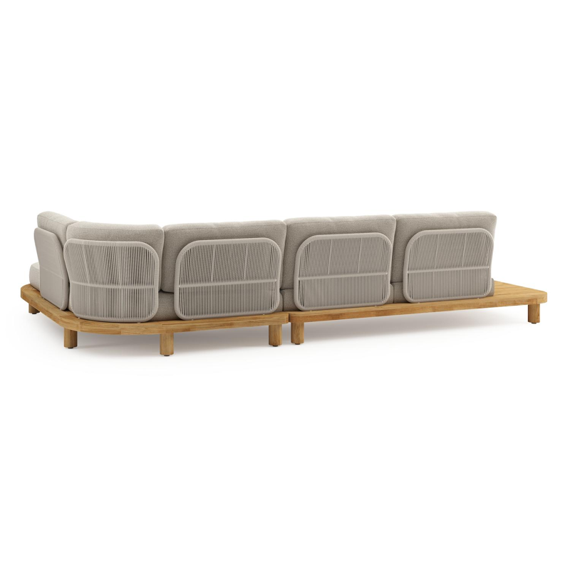 Salon de jardin d'angle Donato en teck et corde ronde tissée verticalement beige et coussins en All Weather Cosytica Catania Sand
