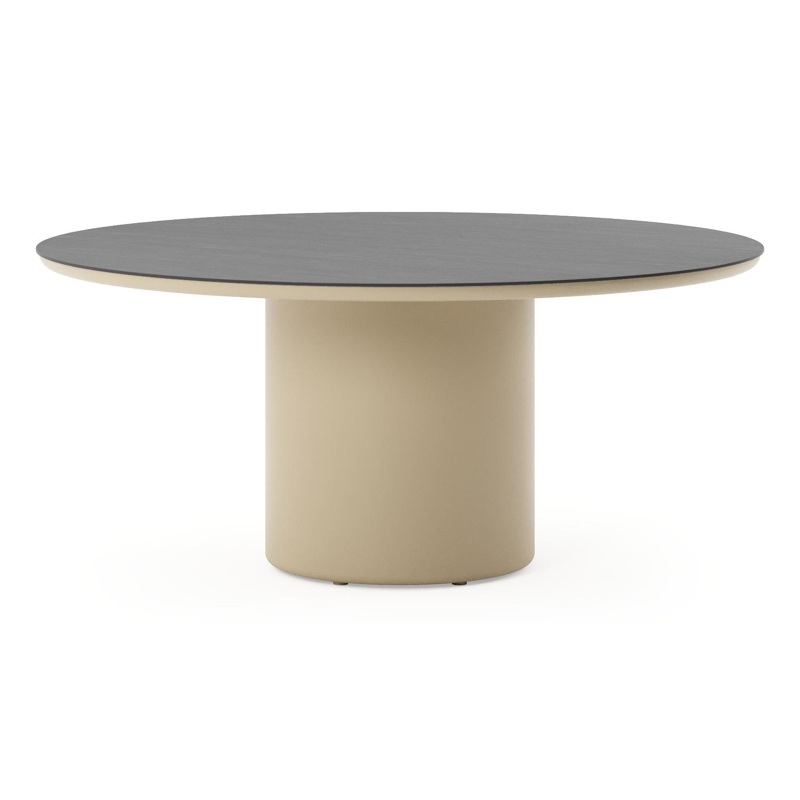 Amico low dining tuintafel rond in beige aluminium en volkeramiek Basalt Black - Dia. 148 x H 61 cm