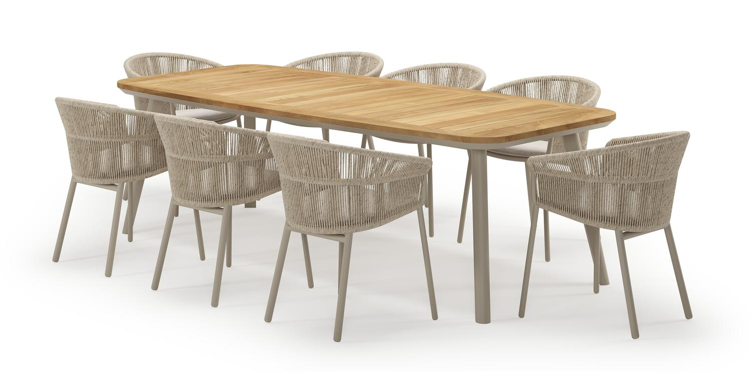 Mosa bootvormige tuinset in beige aluminium en teak natural finish met 8 Matera tuinstoelen