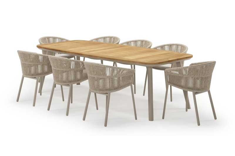 Mosa bootvormige tuinset in beige aluminium en teak natural finish met 8 Matera tuinstoelen