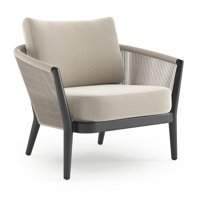 Fauteuil de jardin Orso en aluminium noir en corde ronde tissée verticalement beige et coussins en all weather sunbrella® luxe Lopi Marble