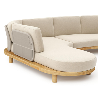Donato loungehoek in teak en beige verticaal geweven ronde rope met all weather cosytica Althea Chalk kussen