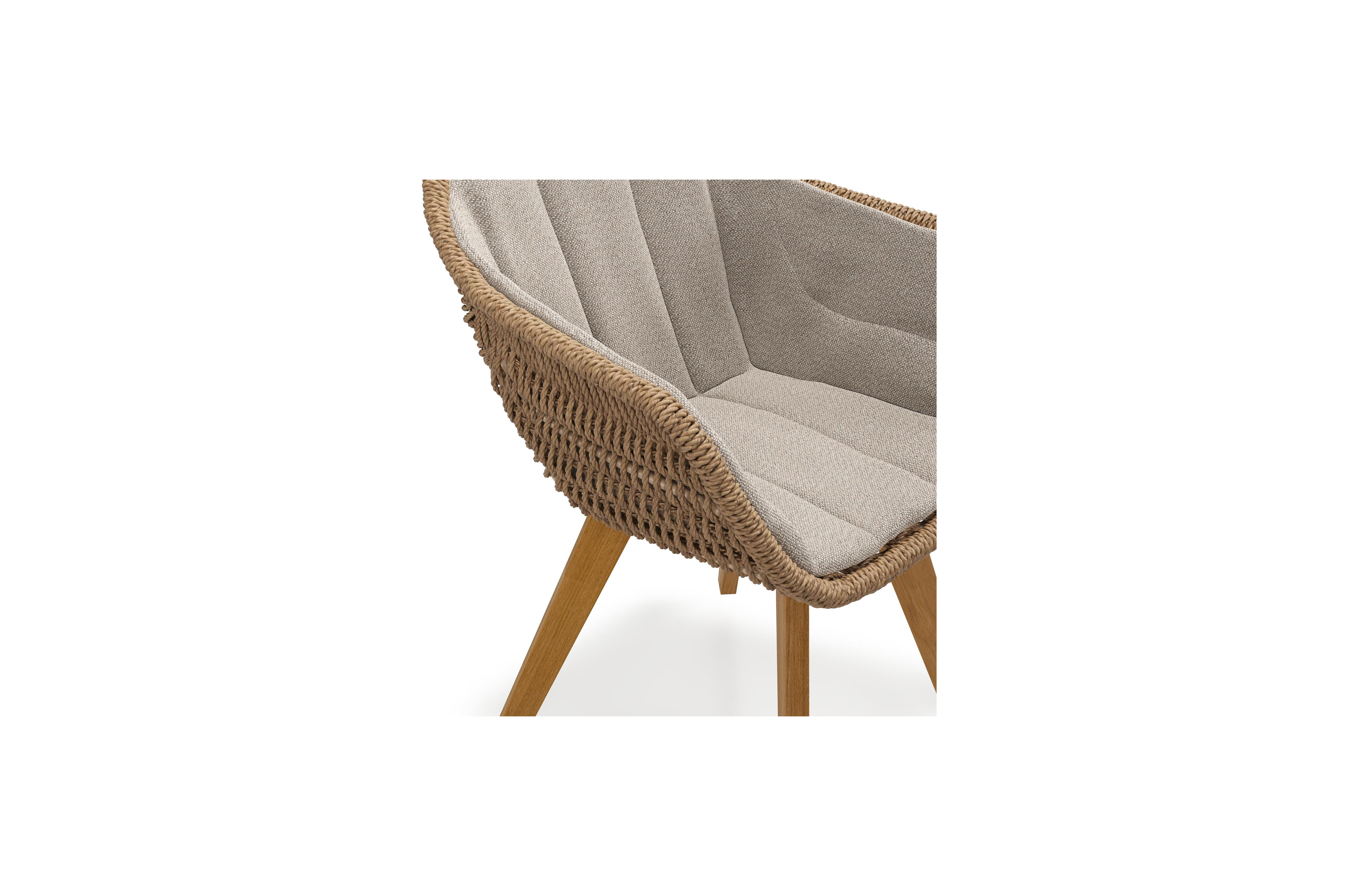 Chaise de jardin Pagino en teck naturel et résine tressée ronde brun avec coussin en All Weather Sunbrella® Luxe Savane Coconut