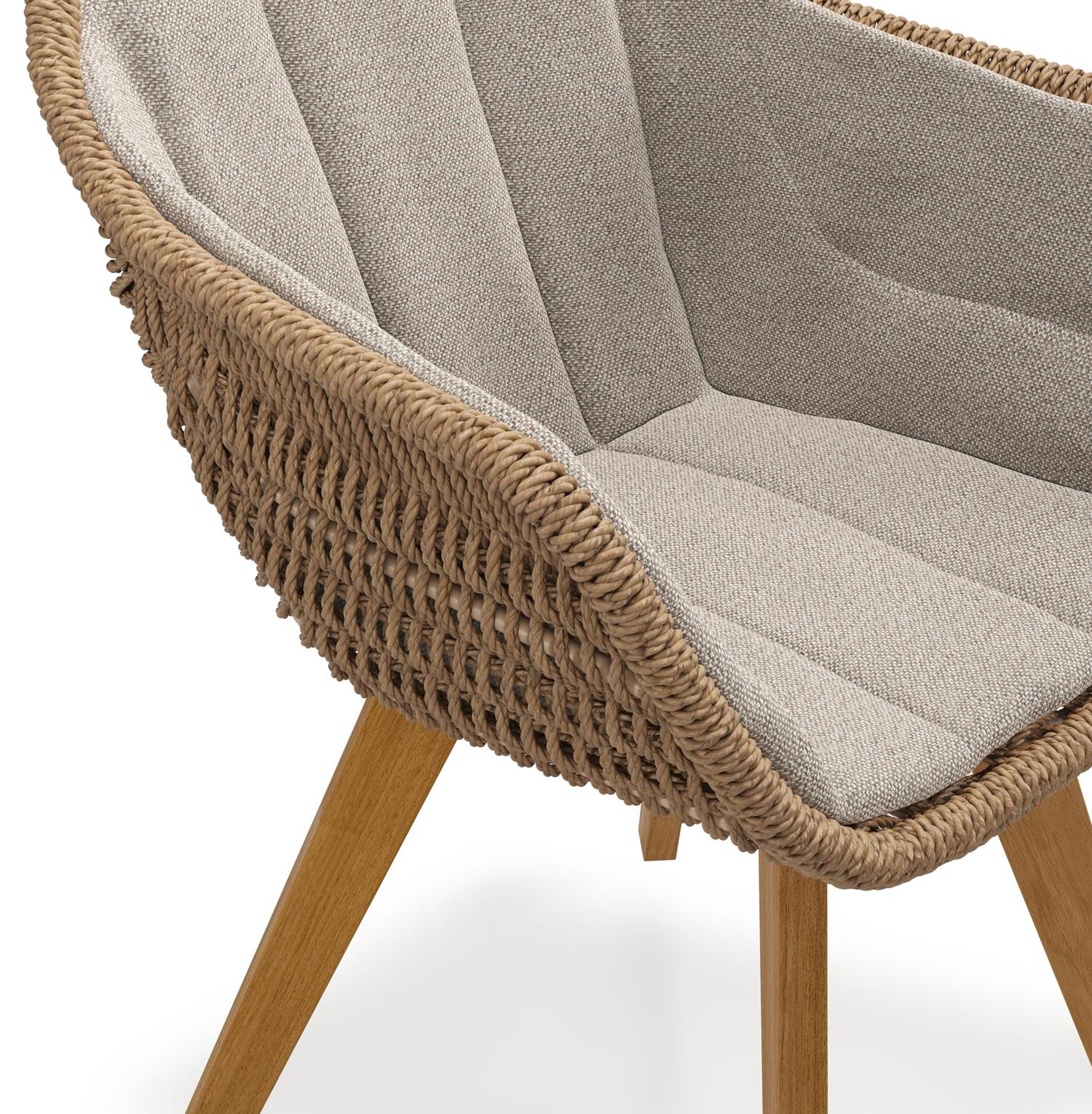 Chaise de jardin Pagino en teck naturel et résine tressée ronde brun avec coussin en All Weather Sunbrella® Luxe Savane Coconut