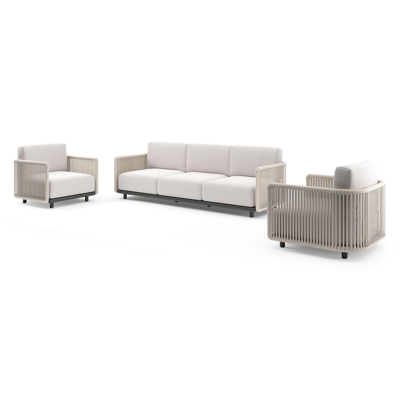 Organo loungeset in zwart aluminium en beige verticaal geweven luxe vlakke rope met ego eggshell all weather Solica kussen