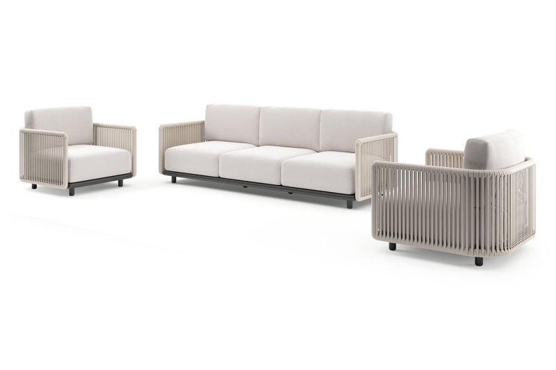 Organo loungeset in zwart aluminium en beige verticaal geweven luxe vlakke rope met ego eggshell all weather Solica kussen