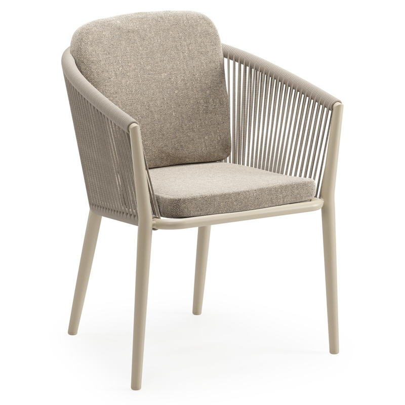 Orso tuinstoel in beige aluminium en beige verticaal geweven ronde rope met luxe zitkussen in All Weather Sunbrella® Luxe Chartres Pewter