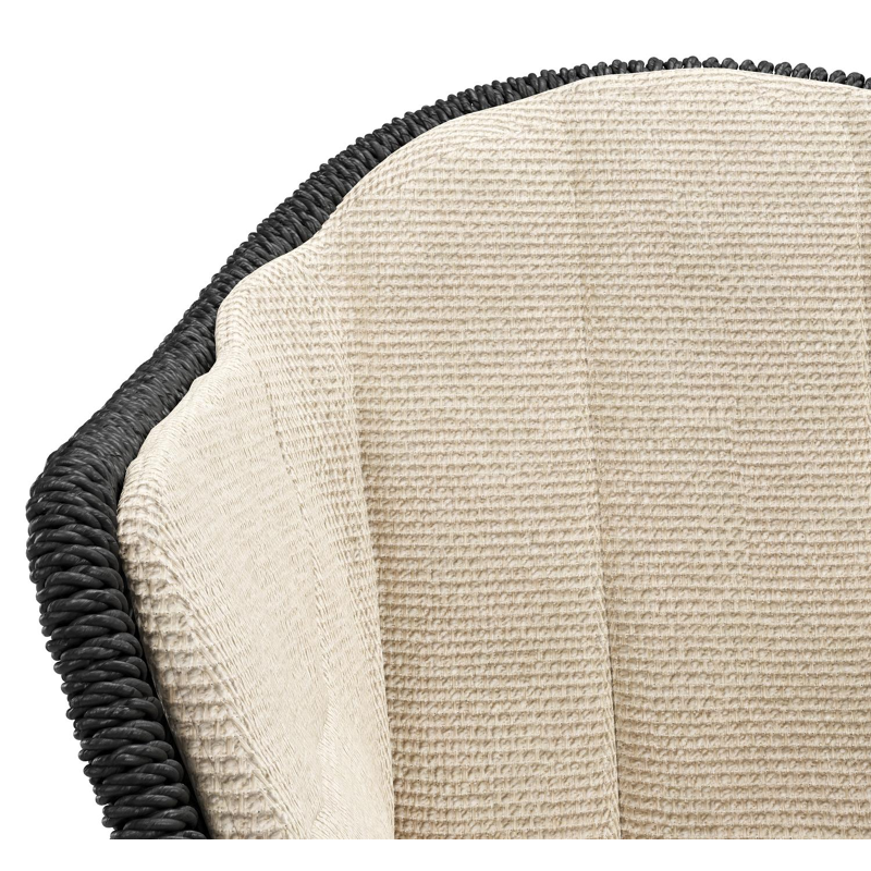 Pagino tuinstoel in zwart aluminium en zwart ronde wicker met zitkussen in All Weather Cosytica Althea Chalk