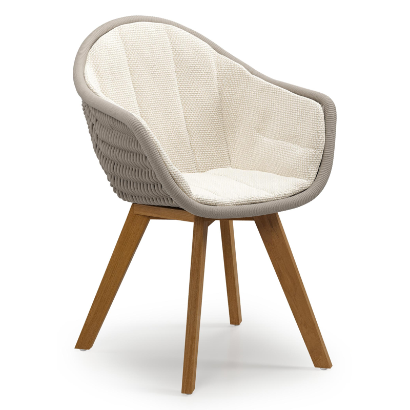 Pagino tuinstoel in teak en beige verticaal geweven ronde rope met zitkussen in All Weather Cosytica Althea Off White