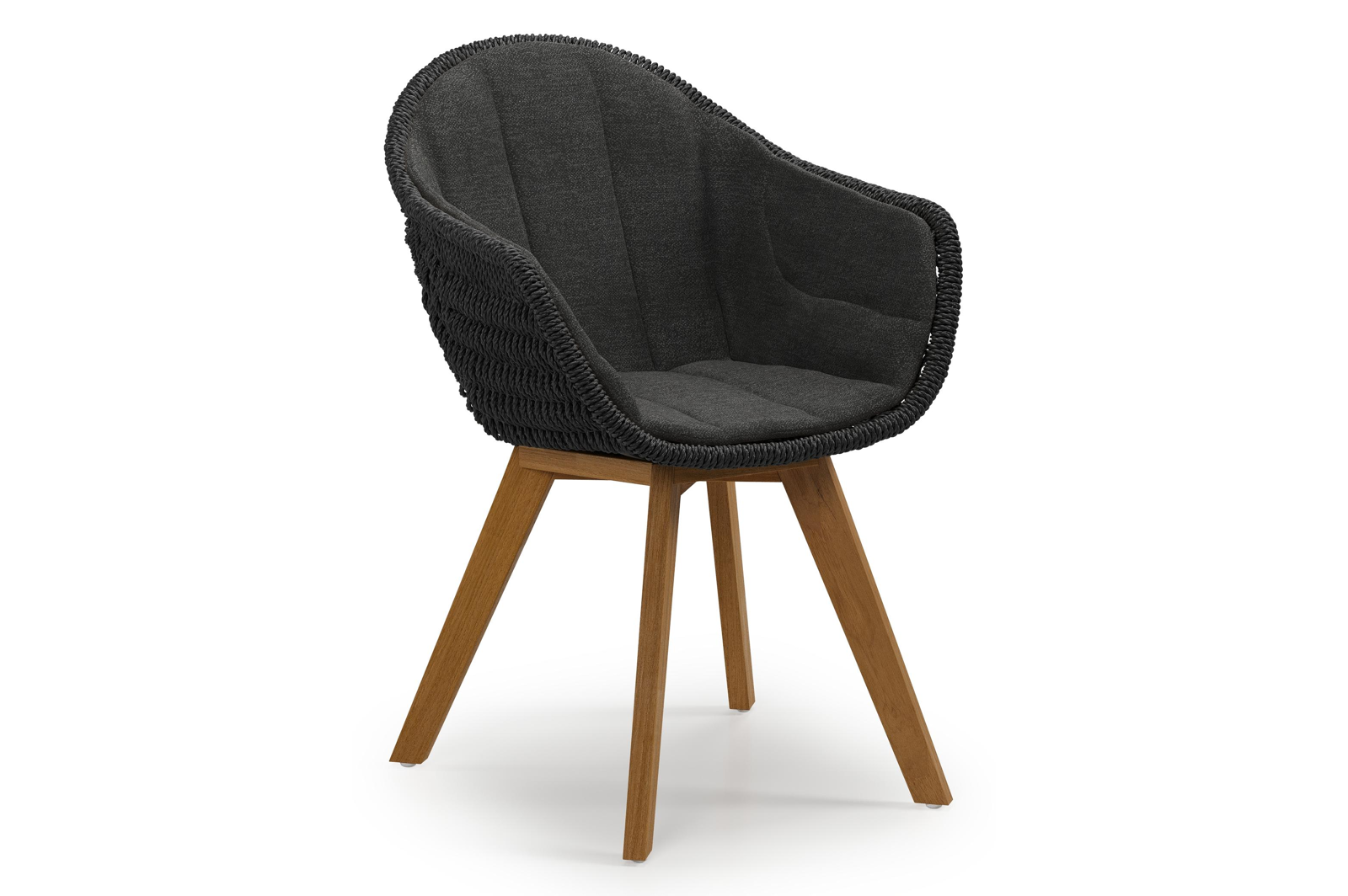 Chaise de jardin Pagino en teck naturel et résine tressée ronde noir avec coussin en All Weather Sunbrella® Luxe Chartres Sooty