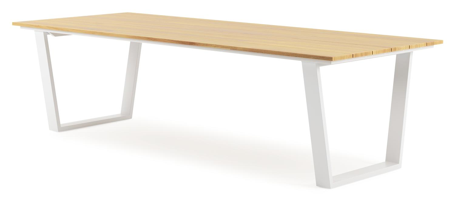 Table de jardin Pagino rectangulaire en aluminium blanc et teck - Lg, 280 x Lrg, 110 x Haut, 73,5 cm