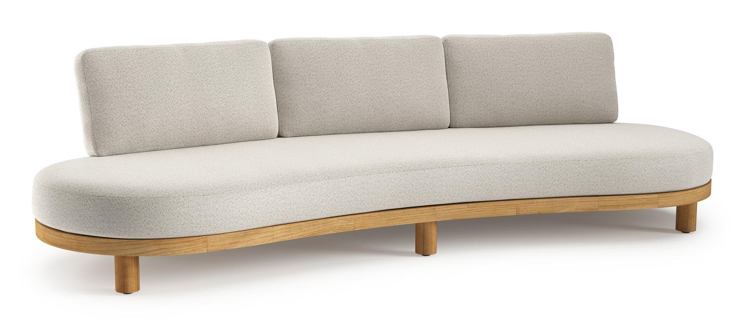 Donato loungebank in teak en beige verticaal geweven ronde rope met all weather solica Firenze Natural kussen