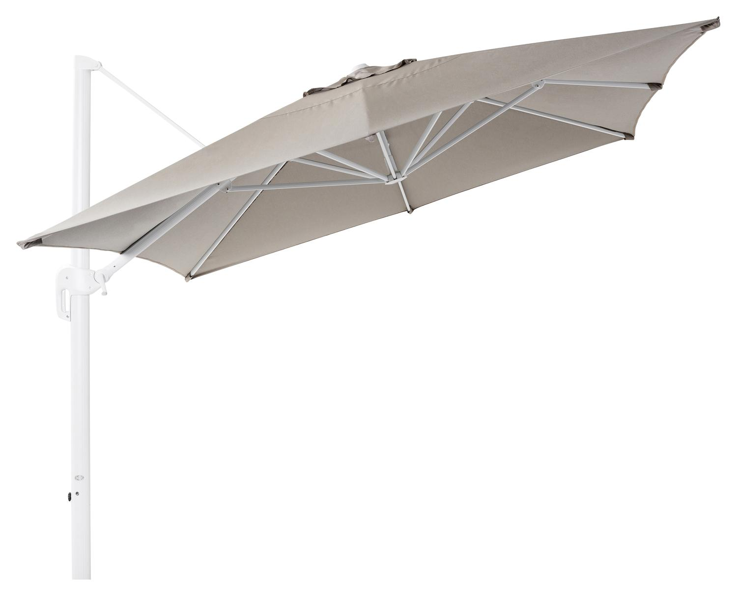 Rufina zweefparasol in wit aluminium met natte nature grey all weather sunbrella® luxe parasoldoek - L1: 300 x L2: 400 cm (zonder voet)