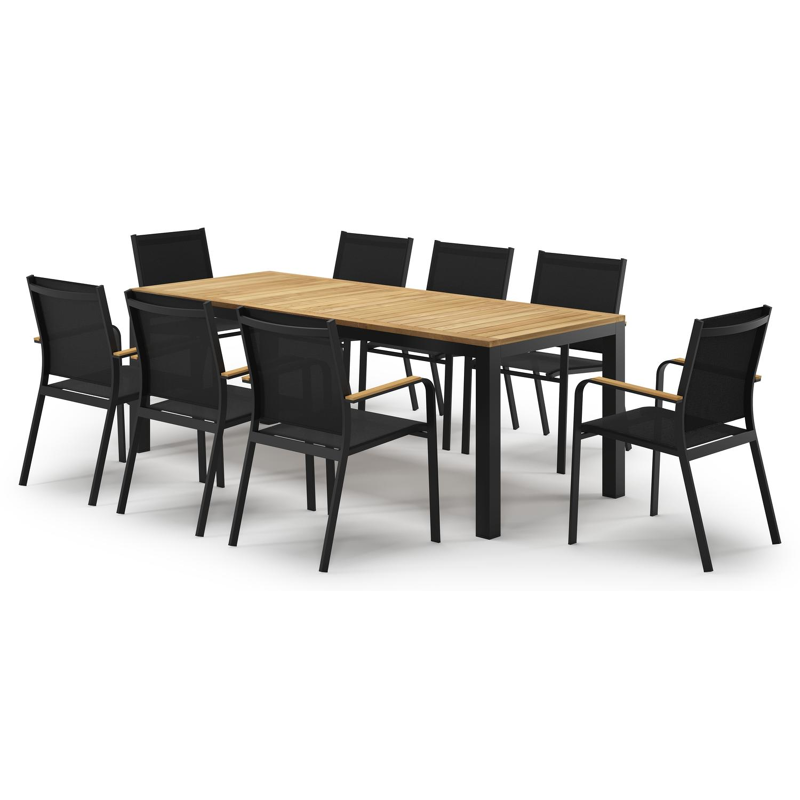 Ensemble de jardin Varese en aluminium noir et teck avec 8 chaises de jardin Amalfi