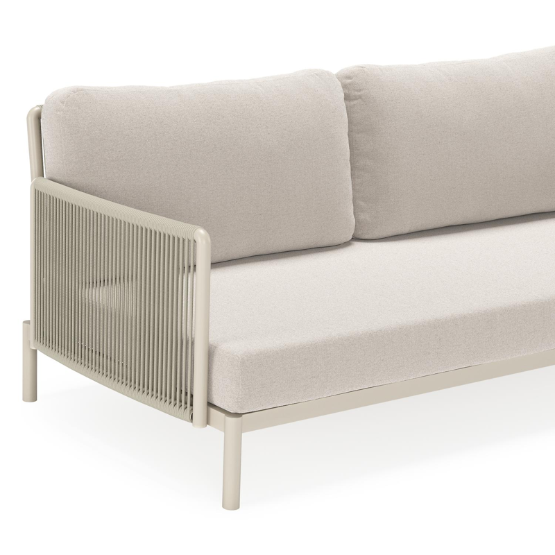 Amarante loungeset in beige aluminium en beige verticaal geweven ronde rope met beige weather+ softtouch kussens