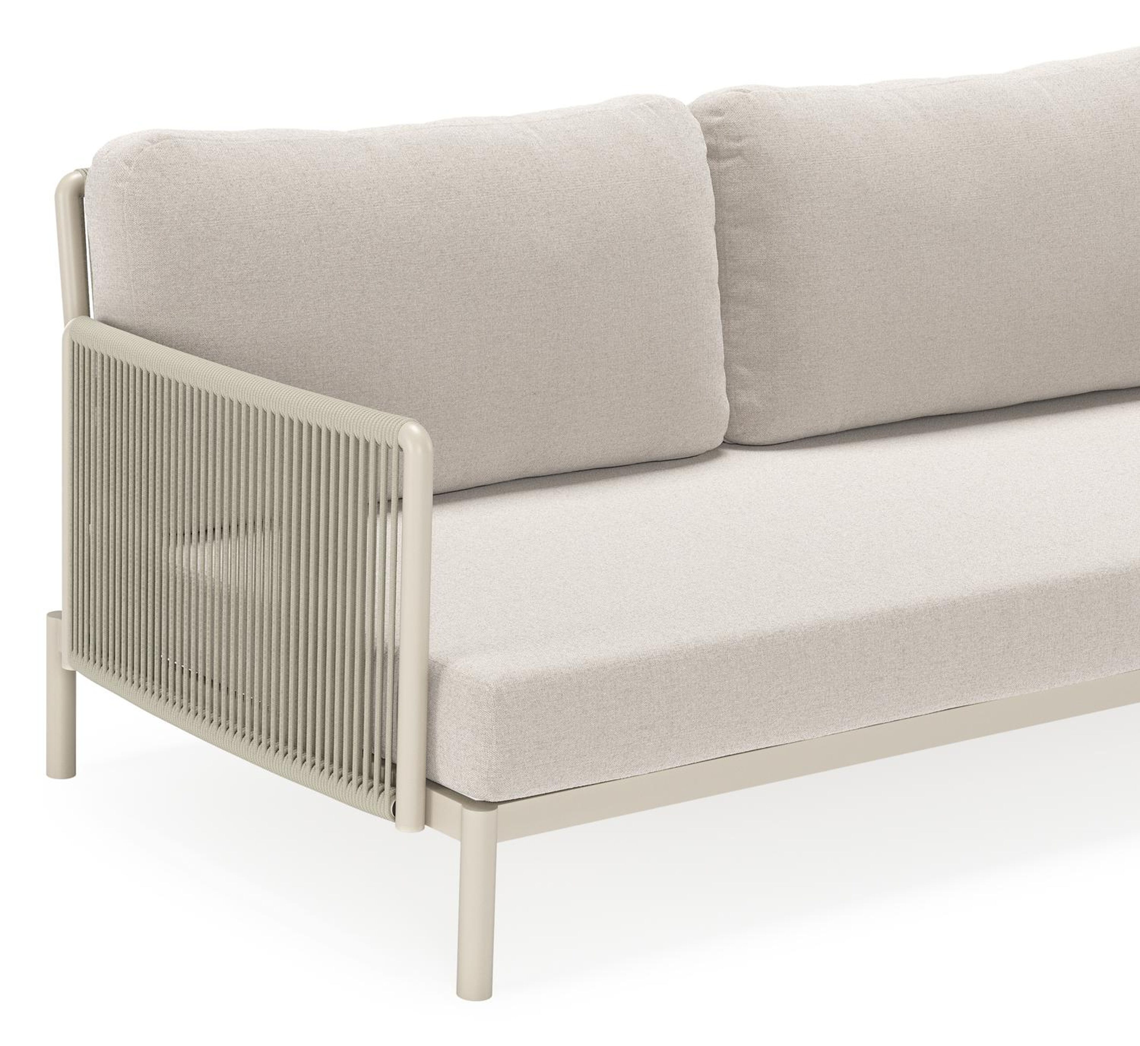 Amarante loungeset in beige aluminium en beige verticaal geweven ronde rope met beige weather+ softtouch kussens