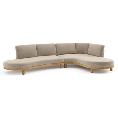 Donato loungehoek in teak en beige verticaal geweven ronde rope met all weather cosytica Bora Jungle kussen