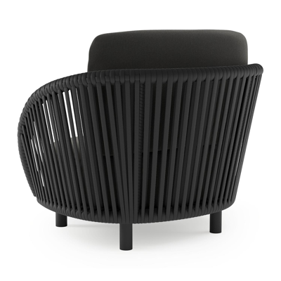 Fauteuil de jardin Lupino en aluminium noir et corde large plate de luxe tissée verticalement noir et coussins en all weather sunbrella® luxe natte sooty