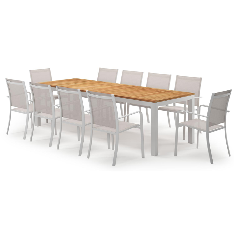 Varese rechthoekige tuinset in wit aluminium en teak colour finish met 10 Calobra tuinstoelen