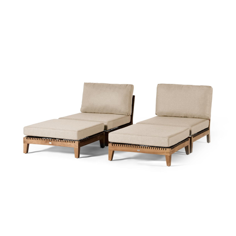 Set van twee Cosito loungestoelen met poef  in teak en wicker zwart met beige weather+ softtouch kussen