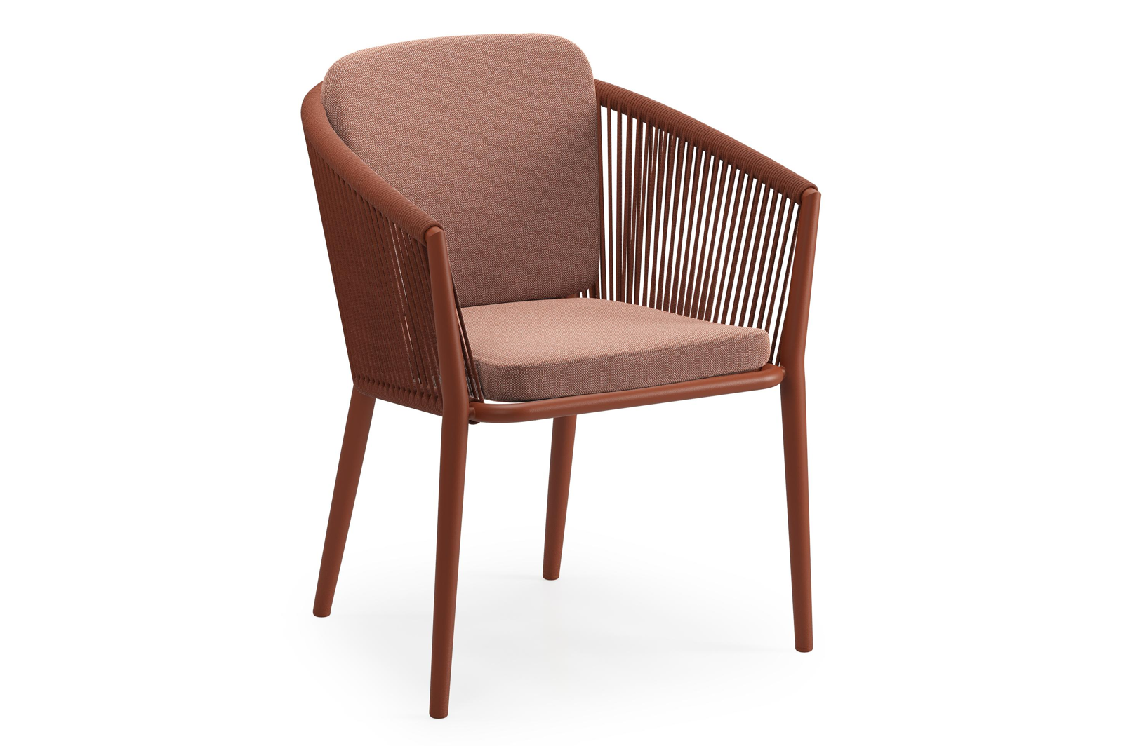 Orso tuinstoel in roestbruin aluminium en roestbruin verticaal geweven ronde rope met zitkussen in All Weather Sunbrella® Luxe Savane Rust