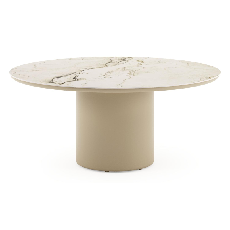 Amico low dining tuintafel rond in beige aluminium en volkeramiek Colorado Dunes - Dia. 148 x H 61 cm