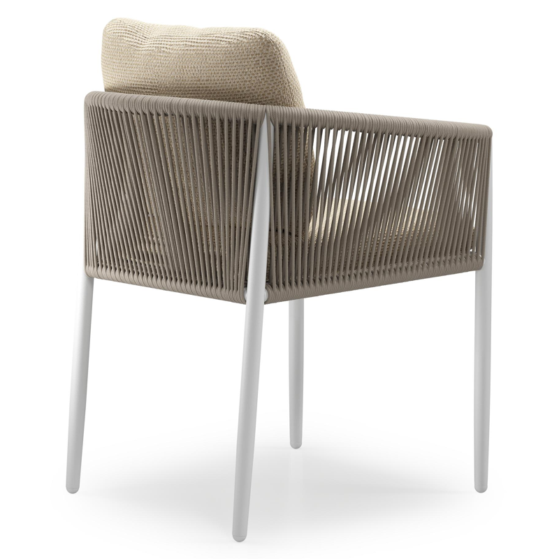 Organo tuinstoel in beige aluminium en beige verticaal geweven ronde rope met stoelkussen in All Weather Cosytica Althea Camel