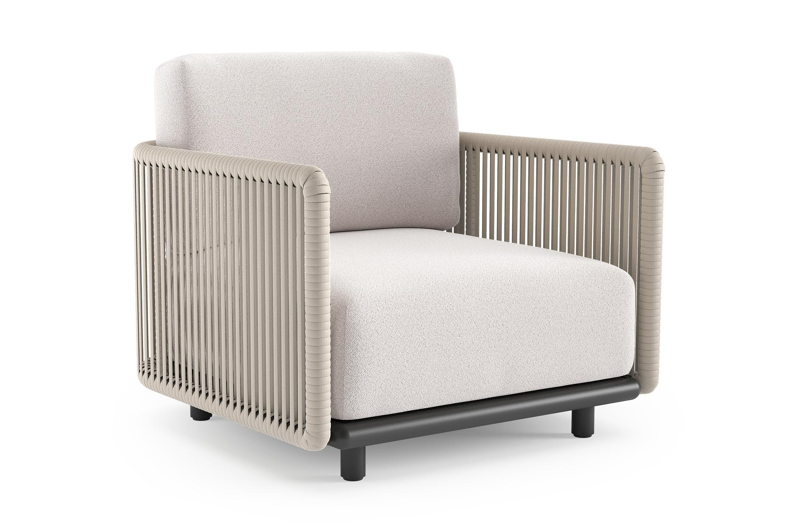 Organo loungestoel in zwart aluminium en beige verticaal geweven luxe vlakke rope met ego eggshell all weather Solica kussen