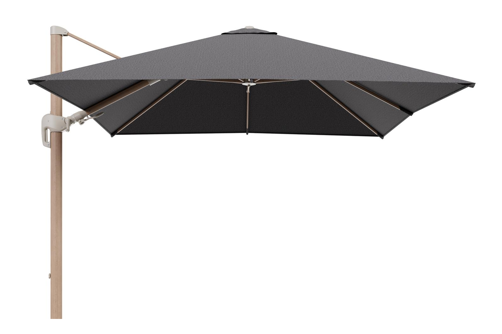 Parasol pendant Rufina avec fonction tilt en aluminium aspect de bois et toile de parasol en All Weather Solica Firenze Tunder  - Lg.1 300 x Lg.2 300 cm (sans pied de parasol