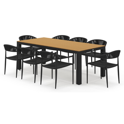 Calzo ensemble de jardin rectangulaire en aluminium noir et polywood avec 8 Guarda chaises de jardin